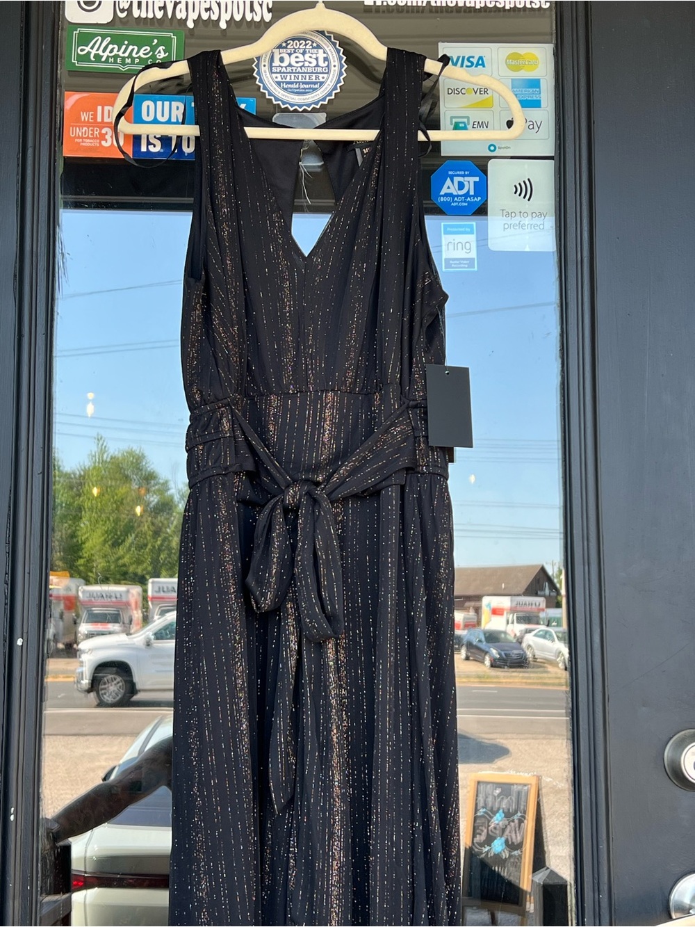 Black Metallic-Stripe Sleeveless Jumpsuit with Self-Tie Belt New Alexa B size 14